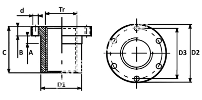 Гайка трапецеидальная латунная (HPb59-1) BFM 24х5 с фланцем (правая резьба), EMT - Евромеханика